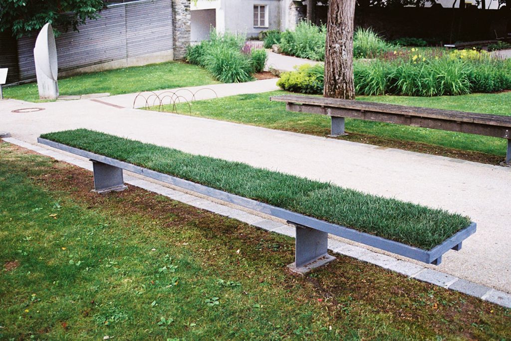 Eine Parkbank ist mit kurz geschnittenem grünen Rasen bedeckt